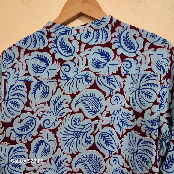 J Crew Womens Med Silk Tunic Top  Aqua Paisley Print Band Collar Long Sleeves - Picture 7 of 8